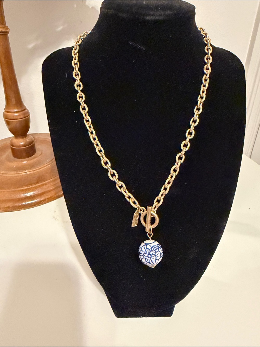 Canvas Gold-Tone Chain Necklace with Blue White Heart Charm